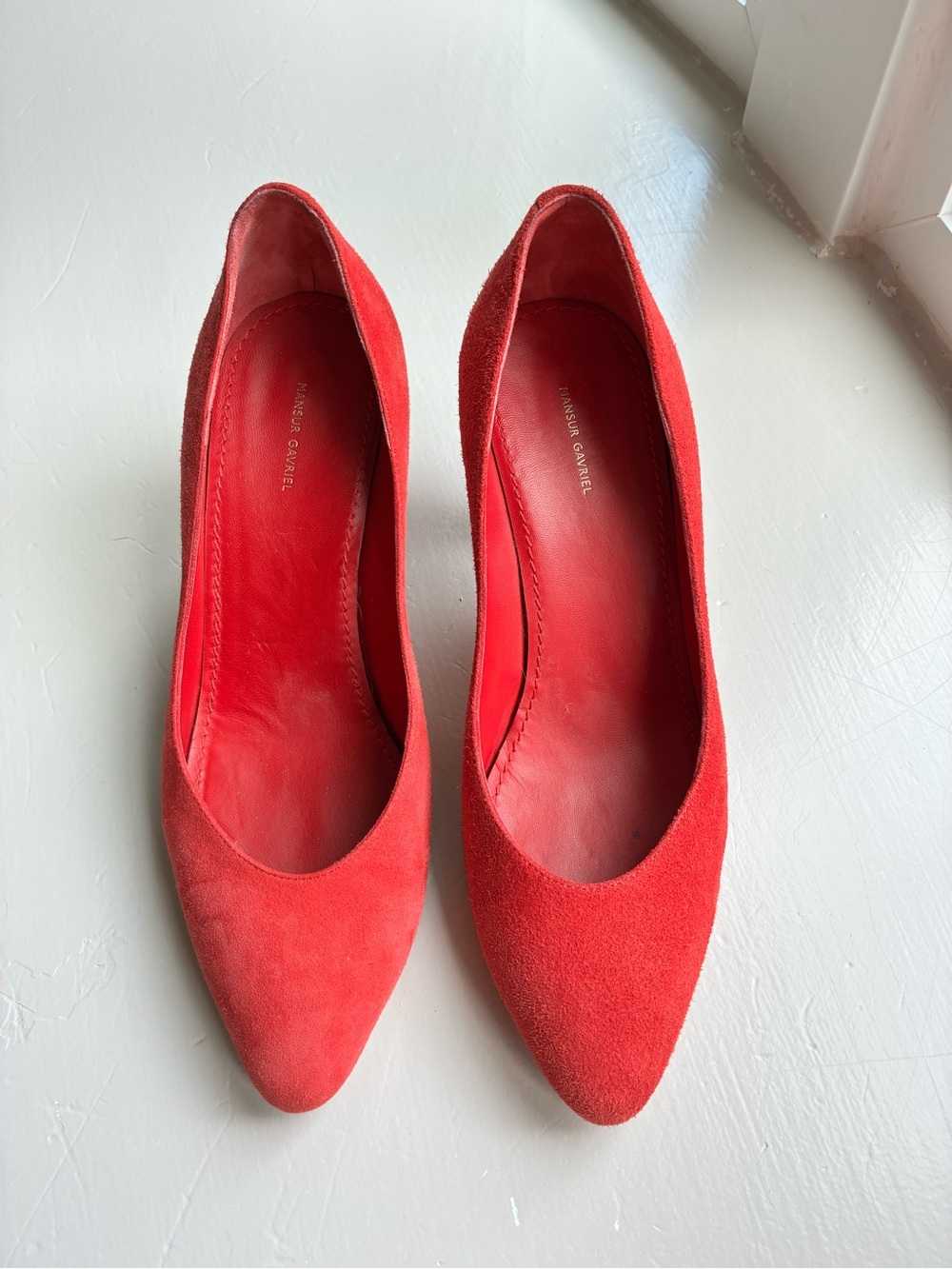Mansur Gavriel Red Suede Pointed Pumps